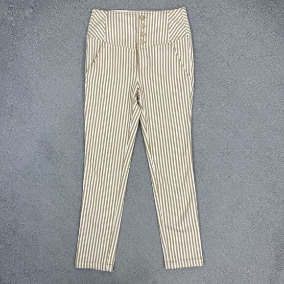 Free People Frankie High Waist Skinny Pants Tan White Stripe Button Front 4 - Picture 6 of 15